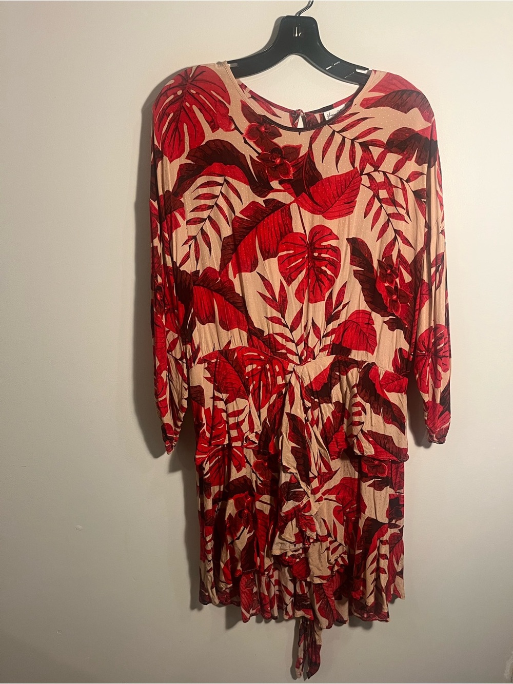 H& M x Johanna Ortiz Red and Cream Tropical-Leaf Long Sleeve Dress